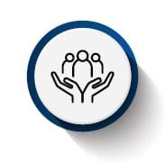 The community safety icon shows the black and white outline of a pair of hands cradling three people and is surrounded by a dark blue circle border.