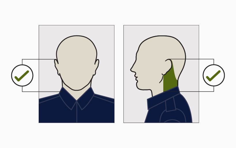 Approved neck tattoo placement, showing that it must not be visible from the front, and can sit on the rear of the neck but must not extend forward of the neck, beyond an imaginary line drawn vertically from behind the back of the ear down to the shoulder.