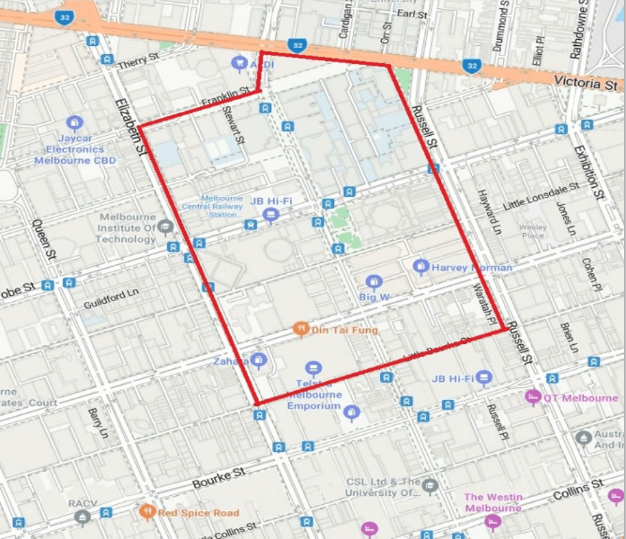 Map of the are bound by and within Melbourne Central, including any rail related areas, and attached shopping precincts (QV & Emporium). The designated area is bound by Elizabeth Street, Little Bourke Street, Russell Street, Victoria Street, Swanston Street and Franklin Street.