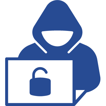 Icon of a hooded person using a laptop, with a sign of a broken lock. 