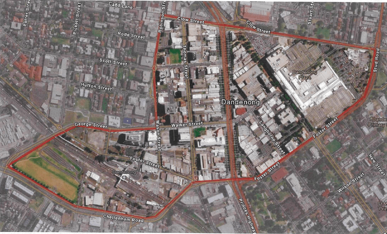 Map of area bounded by Clow Street to the north, Stud Road and Foster Street to the east, Cheltenham Road to the south, with  George Street, Mason Street and Robinson Street to the west. 