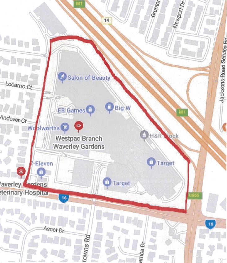 Waverley Gardens Shopping Centre, bounded by Police Road, Jacksons Road, Monash Freeway, and  Hansworth Street. 