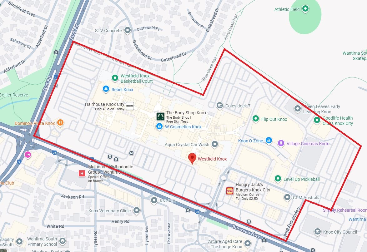 Knox shopping centre, bounded by Stud Road (west), Burwood Highway (south), Capital City Blvd (east) & Blind Creek Trail (north).