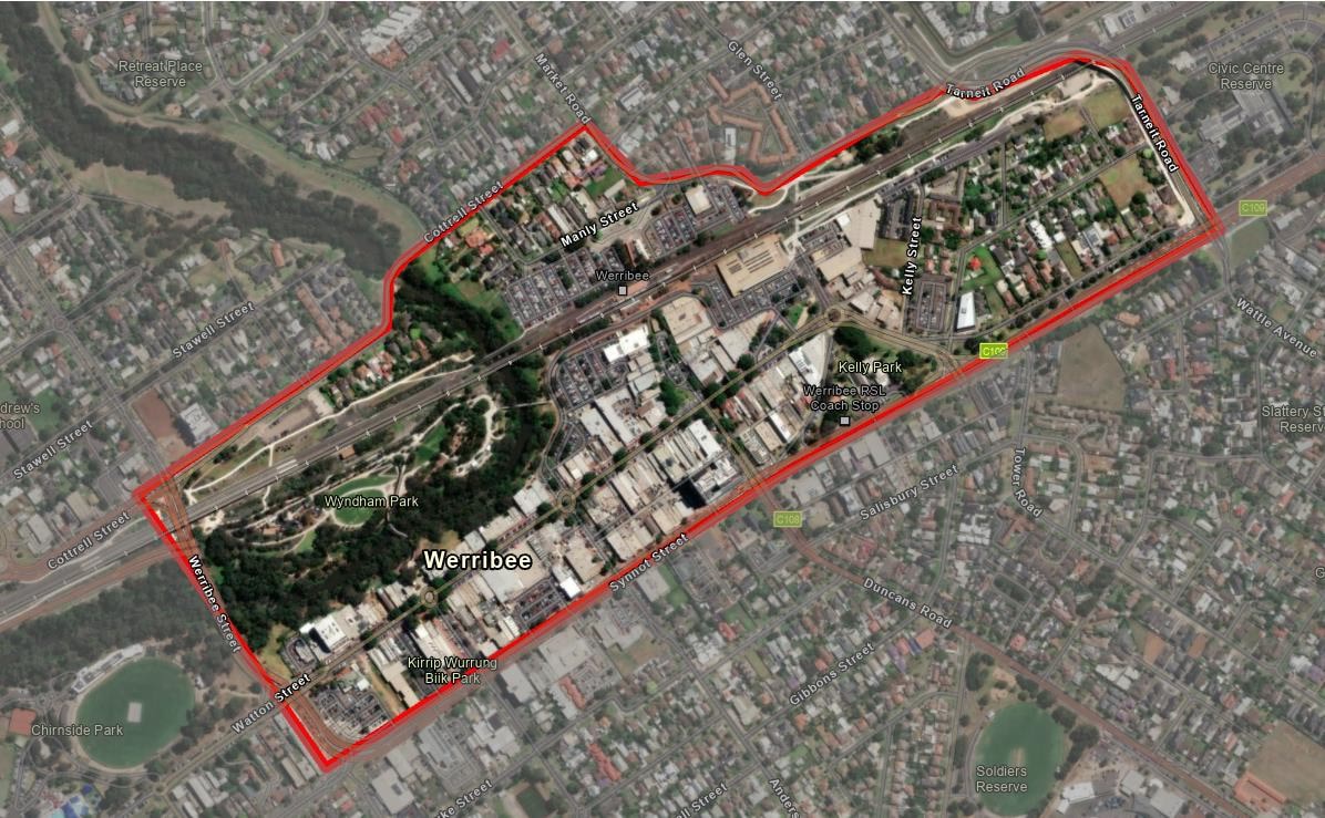 Map of the area containing Werribee Railway Station and Central Business District including all public places within the area bounded by Cottrell Street, Market Road, Railway Avenue (North), Tarneit Road (East), Princes Highway, Synnot Street (South), Werribee Street across the Werribee Street bridge to Werribee Street North (West) terminating back to Cottrell Street.