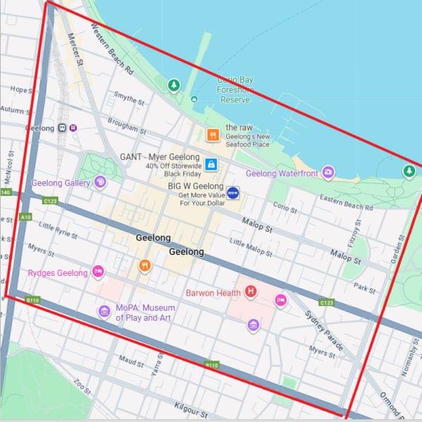 The designation area is bordered by Latrobe Terrace (East)   to Ginn Street (North) covering all of Western and Eastern Beach foreshore, piers, and reserve areas,  Garden Street (East)  to McKillop Street (South).
