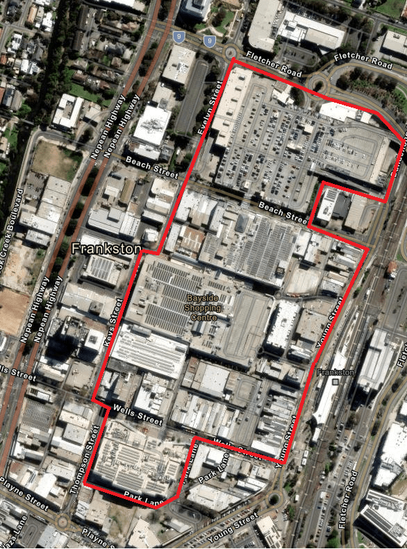 Map of the area bound by north to the intersection of Young Street and Beach Street  west to the intersection of Beach Street and Horne Street  north and east to the intersection of Horne Street and Dandenong Road West  north to the roundabout intersection of Dandenong Road West and Fletcher Road  west to the intersection of Fletcher Road and Evelyn Street  south to the intersection of Evelyn Street and Beach Street  continue south to the intersection of Olsen Street and Ross Smith Avenue West  west to inte