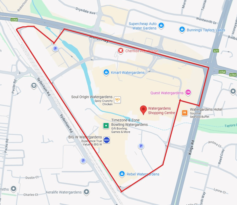 Map of the designated place around Watergardens Shopping Centre.